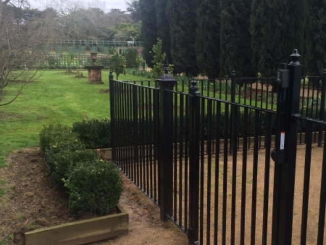 Black wrought iron fence and pedestrian gate Black wrought iron fence and pedestrian gate